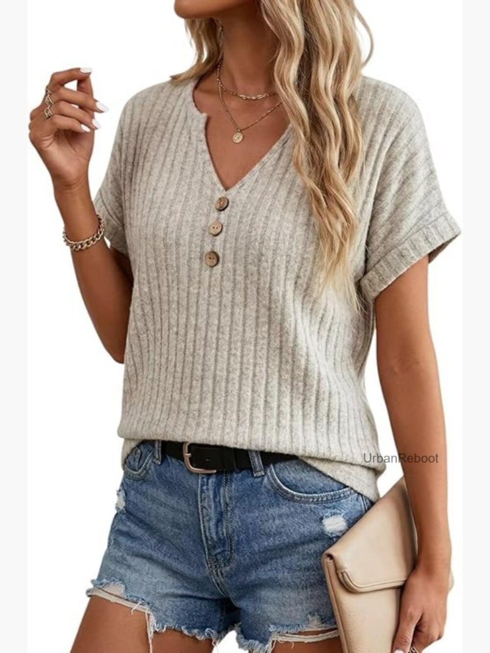 Relaxed Fit V-Neck Ribbed Knit Tunic Top Short Sleeve Flowy Blouse
